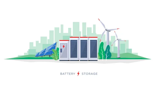具有太阳能电池板和风力涡轮机的大型充电式锂离子蓄电池和可再生电站的矢量图解 备用能量存储系统 — 图库矢量图片