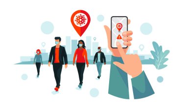 Koronavirüsü, hastalığı, gribi, hava kirliliğini önlemek için koruyucu yüz maskesi takan insanların bulunduğu akıllı telefon sağlık virüsü izleme uygulaması. Yaşlı adam genç kadın yürüyor. Şehir illüstrasyonu.