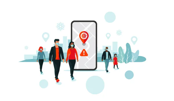 Smartphone Health Virus Tracking Location App People Wearing Protection Face — Stock Vector
