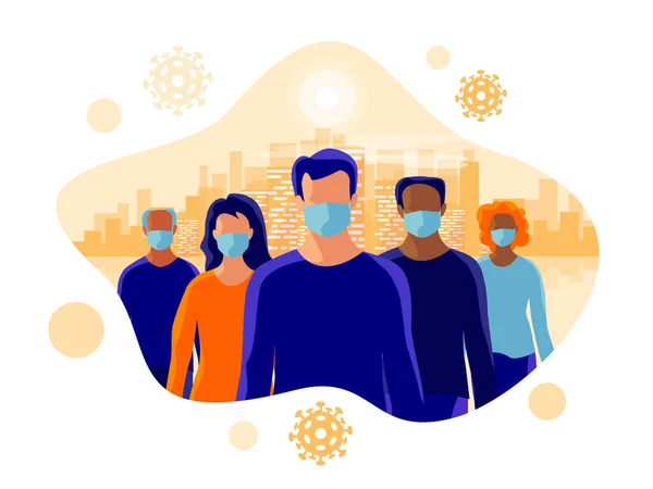 Groupe Personnes Portant Masque Médical Protection Pour Protéger Prévenir Virus — Image vectorielle
