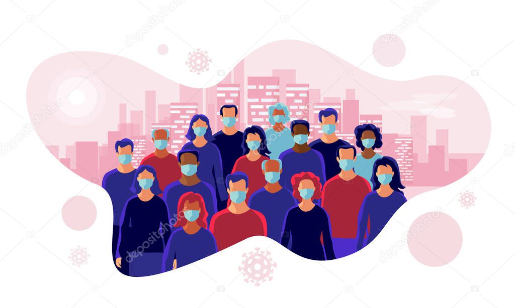 Group of people wearing protection medical face mask to protect and prevent virus, disease, flu, air pollution, contamination. Old man woman standing. Isolated vector illustration with city skyline.