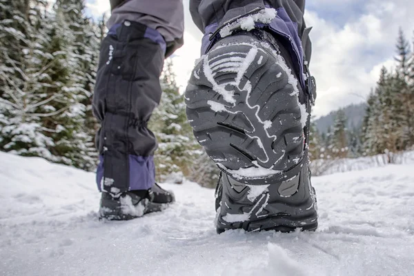 Buty trekkingowe w śnieżnym lesie — Zdjęcie stockowe