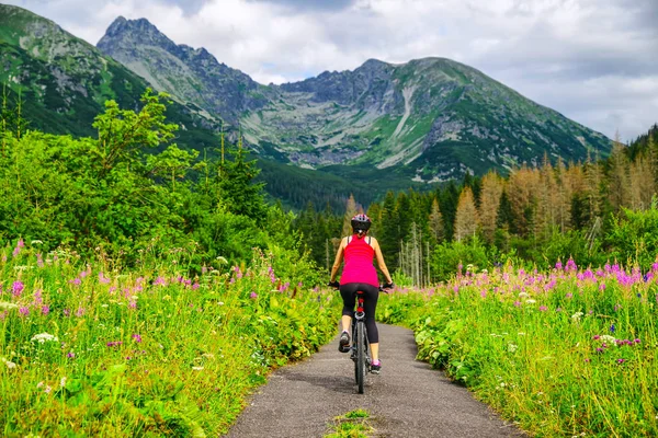 Woman on bike enjoy beautiful Tatras nature, Slovakia