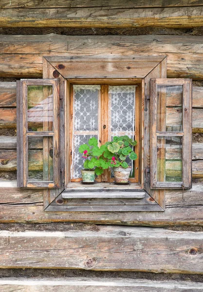 Цветы и окна на коттедж — стоковое фото