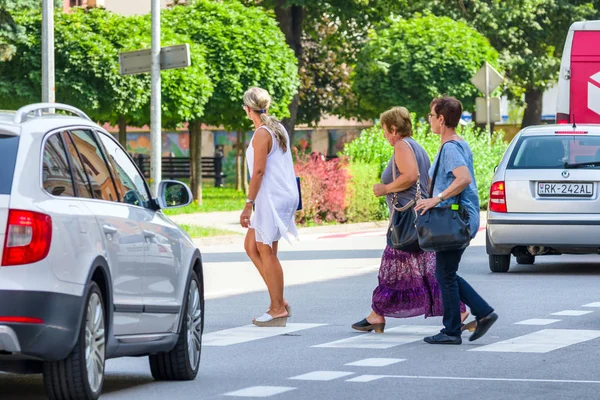 Pedestres atravessando uma estrada na passarela . — Fotografia de Stock