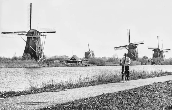 Hombre en bicicleta y molinos de viento en Kinderdijk, Países Bajos — Foto de Stock