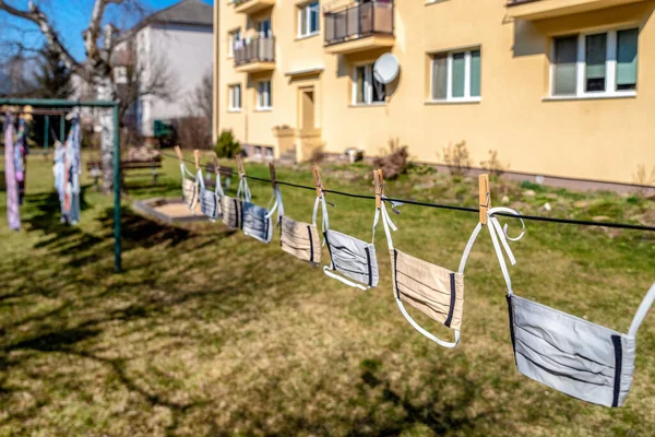 Protective Face Masks Hanging Clothesline Garden — Stock Photo, Image