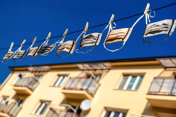 Protective Face Masks Hanging Line Front Flat — Stock Photo, Image