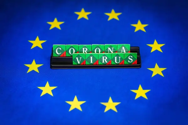 Covid Infezione Coronavirus Nell Unione Europea Lettere Scarabeo Bandiera Europea — Foto Stock