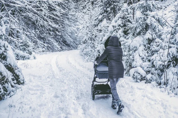 Mor Knuffar Barnvagn Utomhus Vinter Snöig Skog — Stockfoto
