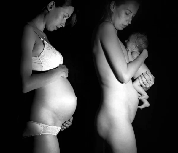 Femme Caucasienne Enceinte Mois Mère Tenant Nouveau — Photo