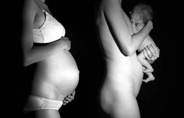 妊娠中の白人女性9ヶ月対新生児を持つ母親 — ストック写真