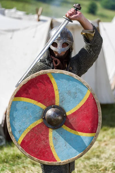 Partizanska Lupca Eslováquia Jun Guerreiro Com Espada Escudo Idade Média — Fotografia de Stock