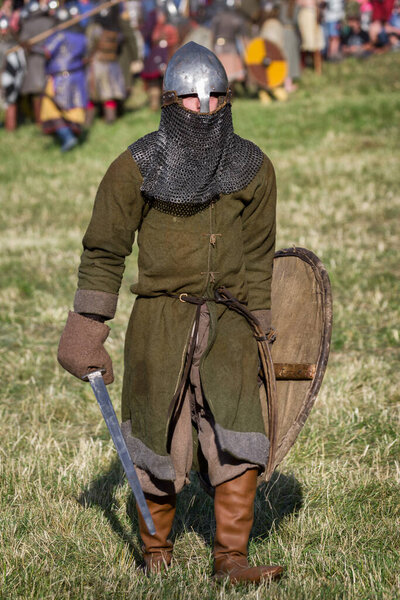 PARTIZANSKA LUPCA, SLOVAKIA - JUN 29: Medieval warrior with sword at festival Utgard on Jun 29, 2019 in Partizanska Lupca