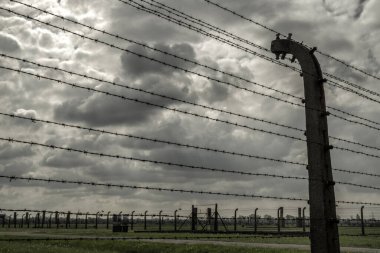 Dikenli teller ve gökyüzünde kara bulutlar. Toplama kampı Auschwitz II - Birkenau, Polonya