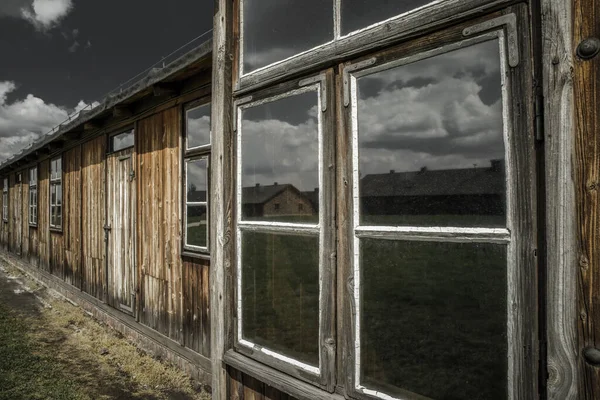 Reflection Window Barracks Concentration Camp Auschwitz Birkenau Poland — Stock Photo, Image