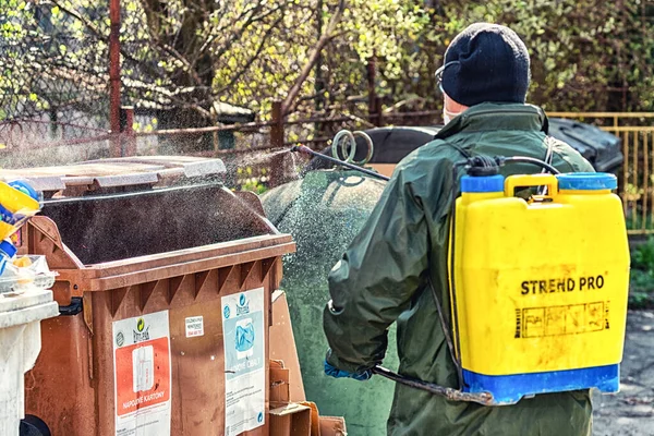 Ruzomberok Slovakia April 2020 Cleaning Disinfecting Coronavirus Trash Cans Man — Stock Photo, Image