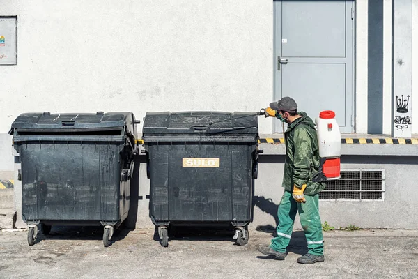 Ruzomberok Slovakia April 2020 Man Protective Equipment Disinfects Sprayer City — Stock Photo, Image