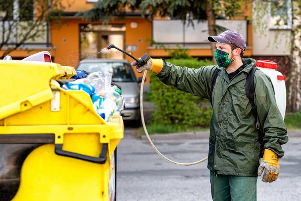 Ruzomberok Slovakia April 2020 Man Protective Suit Disinfects Sprayer City — Stock Photo, Image
