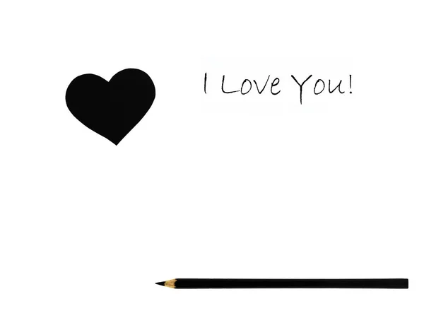 사랑 고백. 발렌타인데이. 검은 심장, 연필, 흰 배경에 새겨진 비문. 위에서 본 광경. 복사 공간 — 스톡 사진