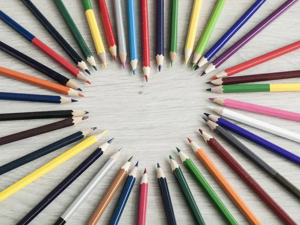 Color pencils on wooden table. Back to school. Top view. Copy space — Stock Photo, Image