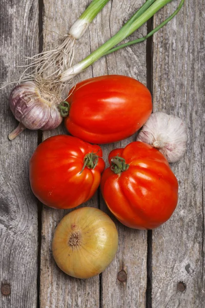 Tomaten, ui en knoflook op tafel — Stockfoto