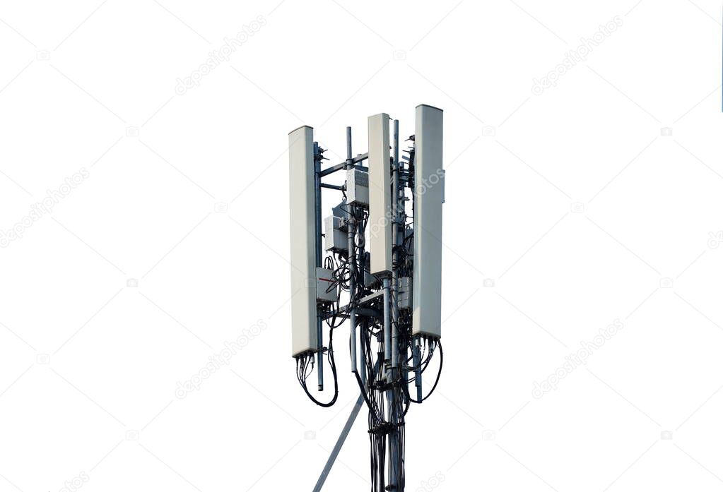 Telecommunication tower of 3G, 4G and 5G cellular. Base Station or Base Transceiver Station. Wireless Communication Antenna Transmitter.  isolated on white background.