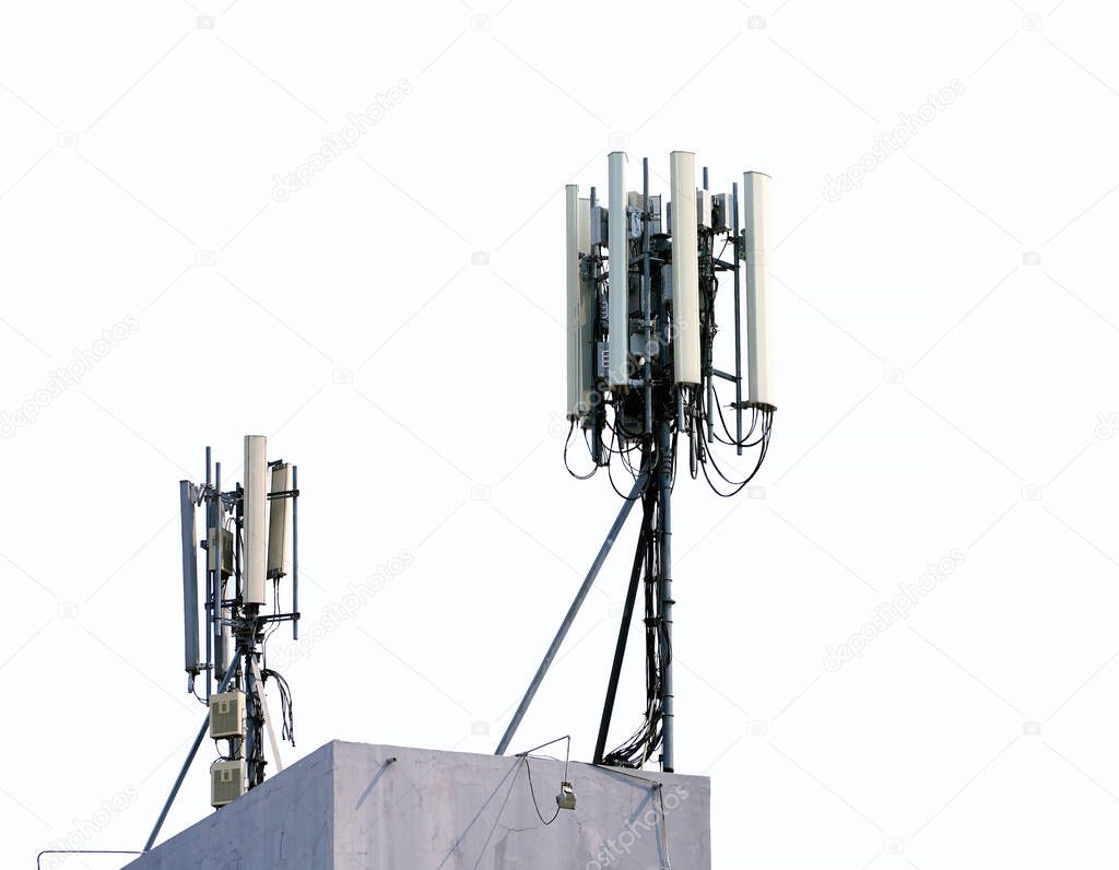 Telecommunication tower of 3G, 4G and 5G cellular. Base Station or Base Transceiver Station. Wireless Communication Antenna Transmitter.  isolated on white background.