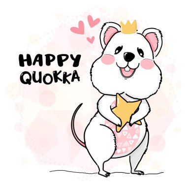 Cute Happy quokka wearing crown holding star, drawing outline animal character flat vector idea for greeting card, birthday card, nursery and childish print  clipart
