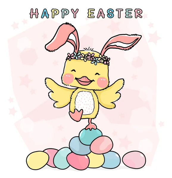 Tavşan Kulaklı Mutlu Sarı Tavuk Renkli Pastel Paskalya Yumurtalarının Üzerinde — Stok Vektör