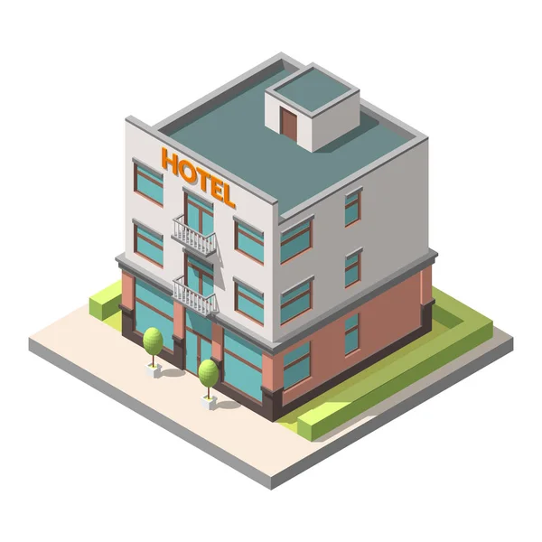 Vector isométrico que representa hotel u hostal. Aislado sobre fondo blanco — Vector de stock