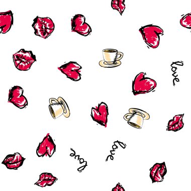 Aşk seamless modeli. Kupası ve kalp ile arka plan.