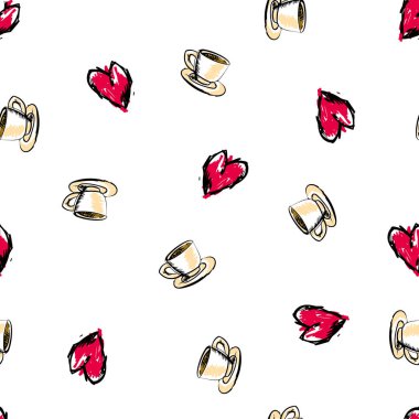 Aşk seamless modeli. Kupası ve kalp ile arka plan.