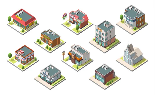 Edificios isométricos vectoriales. Aislado sobre fondo blanco — Vector de stock