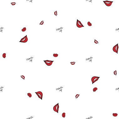 Kadın güzellik moda Dikişsiz desen dudaklar, metin, kozmetik, ruj kadar yapmak. Kontur vektör çizim