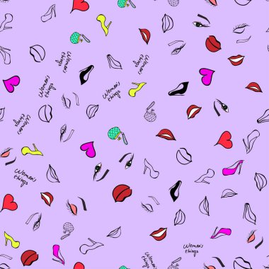 Kadınlar makyaj ve güzellik ürünleri moda Dikişsiz desen kozmetik, ruj, çanta, Ayakkabı kontur vektör çizim