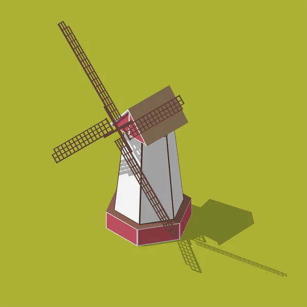 Nederlandse windmolens isometrisch. Vectorillustratie geïsoleerd op een groene achtergrond — Stockvector