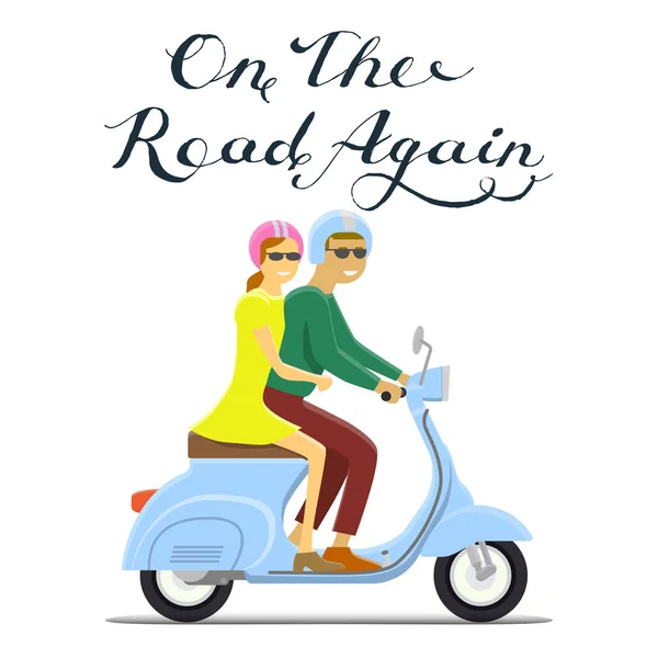 Erkek ve kadın üzerinde motosiklet sürme. tekrar yazı yolda — Stok Vektör