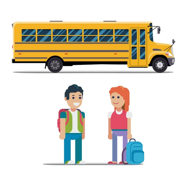 Kinder steigen in Schulbus. Vektorflache Abbildung — Stockvektor