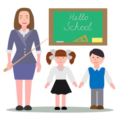 Merhaba okul mutlu öğrenciler, yazı tahtası, yakındaki bir sınıfta genç kadın öğretmenle beyaz arka plan üzerinde vektör düz illüstrasyon izole.