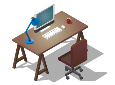 İşadamı için boş masaüstü. İzometrik vektör çizim. Bir tablo ile bir bilgisayar, bir fincan kahve, bir masa lambası.