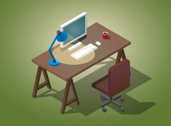 Escritorio vacío para hombre de negocios. Ilustración isométrica vectorial. Una mesa con una computadora, una taza de café, una lámpara de mesa . — Archivo Imágenes Vectoriales