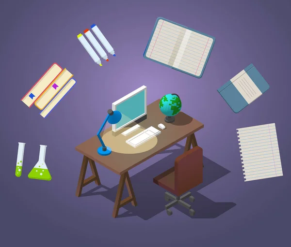 Welcome to school Concept isometric vector illustration. Workplace for the student. Occupation at the computer. A table with a chair, a computer with a globe on the table and a table lamp are shining. Stock Illustration