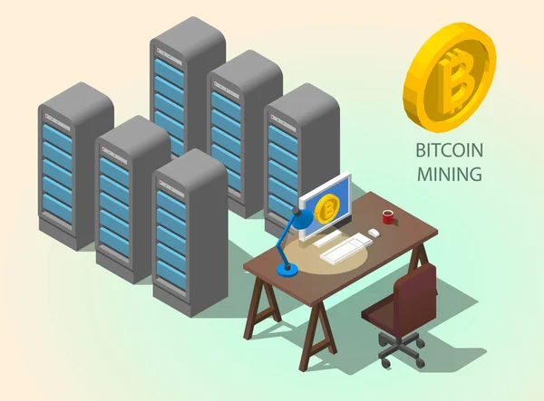 3D izometrik bilgisayar online araştırma bitcoin kavramı. Altın sikke Bitcoin sembolü
