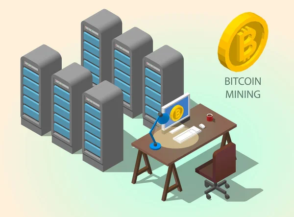 3d isometric computer online mining bitcoin concept. Golden coin Bitcoin symbol Royalty Free Stock Vectors