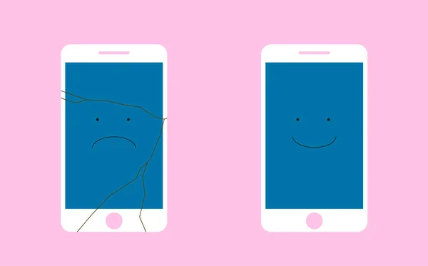 Broken Screen phone with a sad smile, and the whole phone is smiling. Flat vector illustration Stock Vector