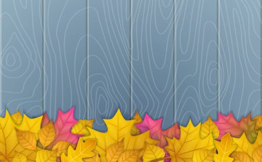 ahşap mavi zemin üzerine sonbahar yaprakları vektör Illustration. Üstten Görünüm