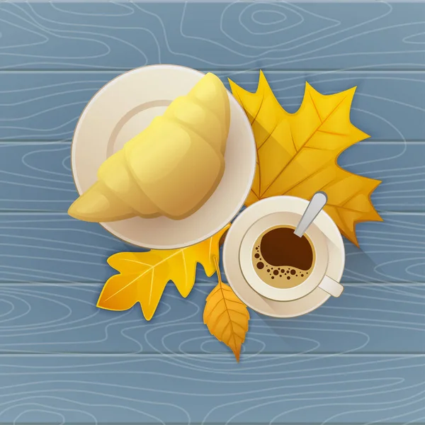 Croissant amanteigado saboroso e xícara de café quente na mesa de madeira velha com folhas de outono. Ilustração plana vetorial — Vetor de Stock