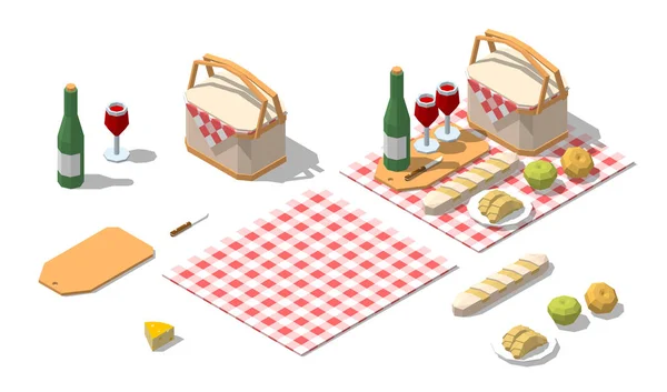 Isometric rendah poly piknik set makanan. Ilustrasi vektor - Stok Vektor