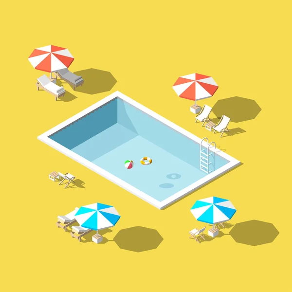 Vector illustration Isometric low poly Chaise lounges in swimming pool — Stock Vector